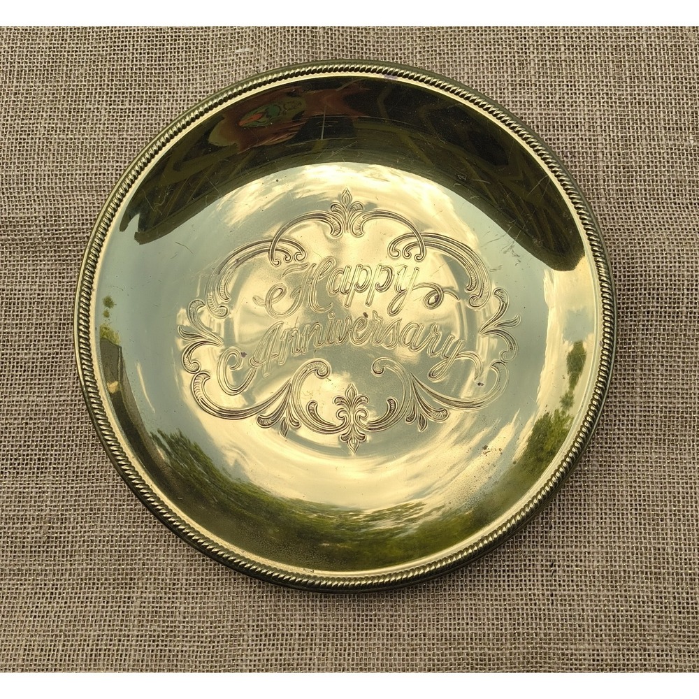 Brass Happy Anniversary Serving Tray Platter Plate Etched Medallion Rope Rim 11"